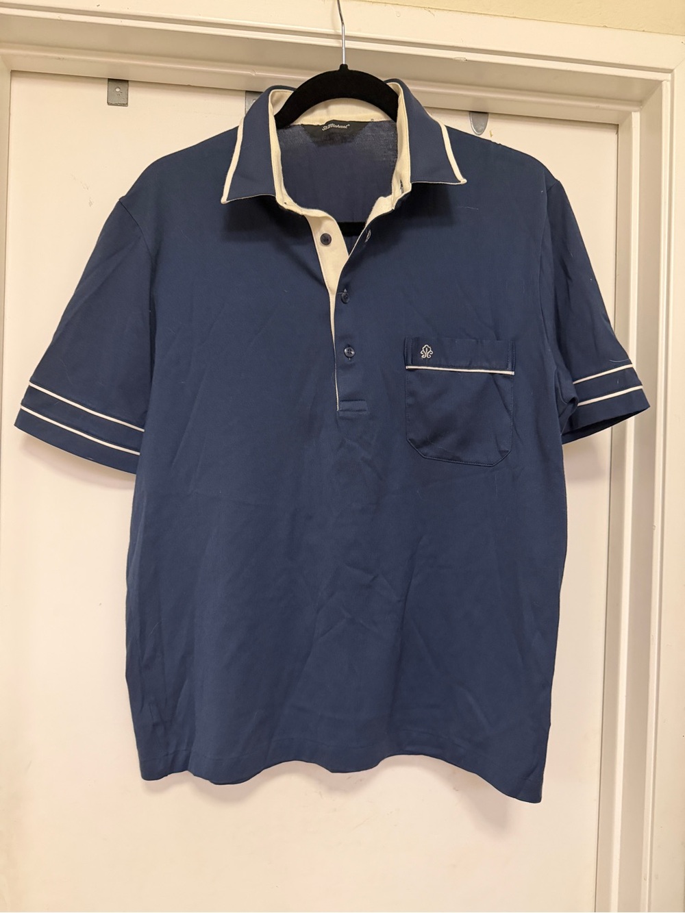 St Michael men’s polo shirt. Blue with white contrast stripe - size L